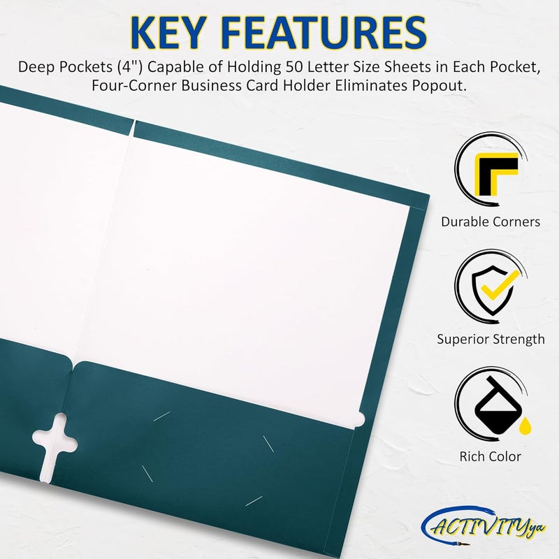 ACTIVITYYA 10 Pack Two Pocket Folders, Teal, Strong Thick Paper Folders, for Letter Size, by - Image 3